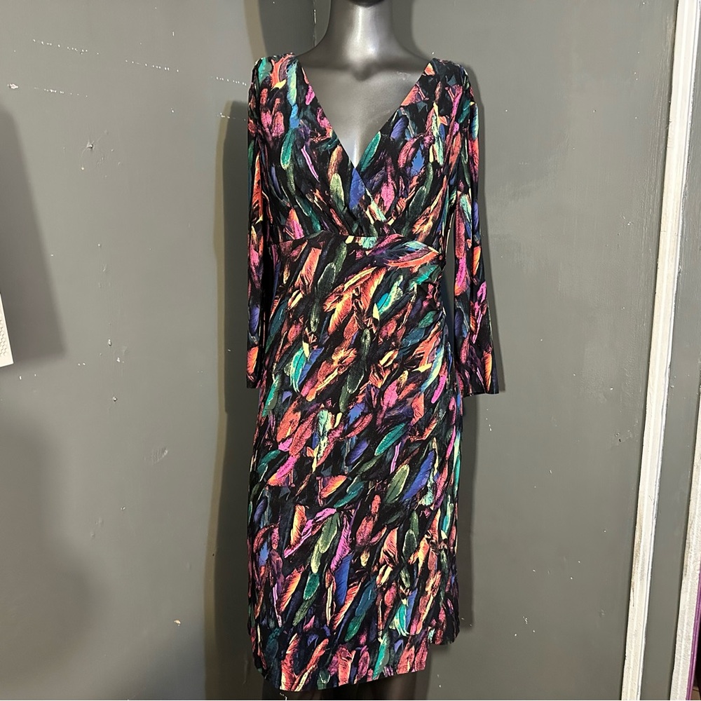 Carmen Marc Valvo Pink and Orange Sheath Dress with Plunge Neckline